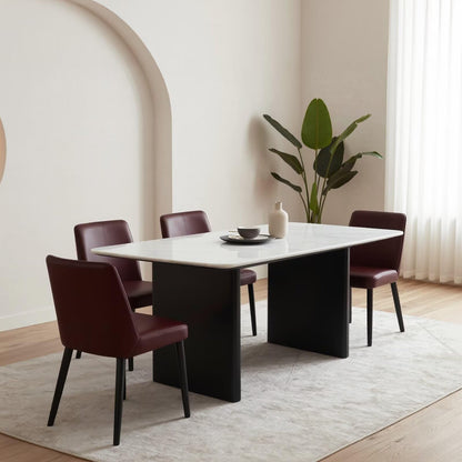 56"-96"Modern White Marble Dining Table with Black Base, 4-6 Seater Rectangular Kitchen Table