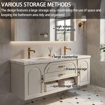 60"-84"Wall-Mounted French Country Bathroom Vanity with Recessed Storage & Lighted Mirror