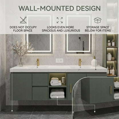 60”-96” Green Floating Bathroom Vanity with Double Sinks & LED Lighted Mirrors