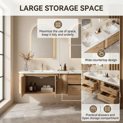 60"-84"Wall Mounted Oak Bathroom Vanity with Double Sinks & 4 Drawer Storage