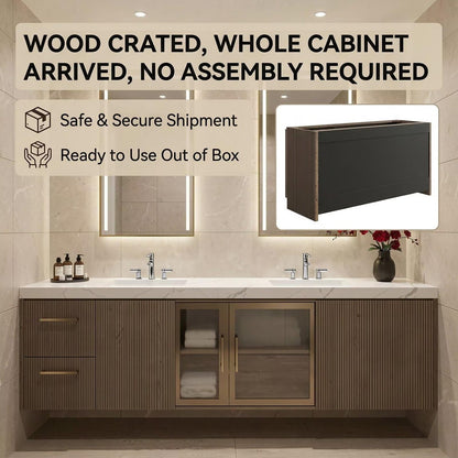 60"-96"Floating Bathroom Vanity with Double Sinks, LED Mirrors & Fluted Wood Finish