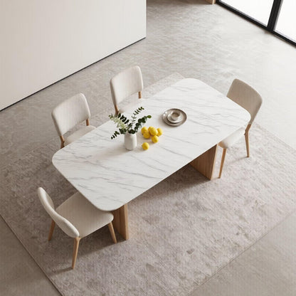 60"-80"White Marble Dining Table with Light Wood Base, Minimalist Rectangular Kitchen Table