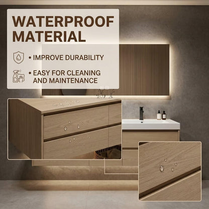 60"-96"Light Oak Floating Bathroom Vanity with Double Sinks & Large LED Backlit Mirror