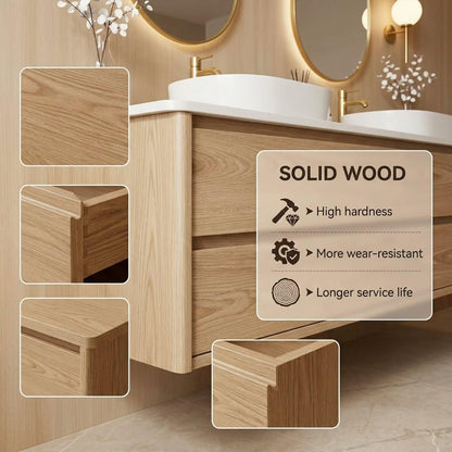 60"-84"Light Oak Floating Bathroom Vanity Set with Gold Mirrors & Handles