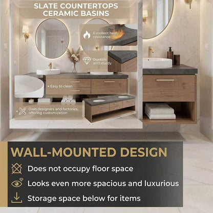 60”-96” Modern Wood Double Sink Vanity with Open Shelf, Dark Stone Top & Gold Handles