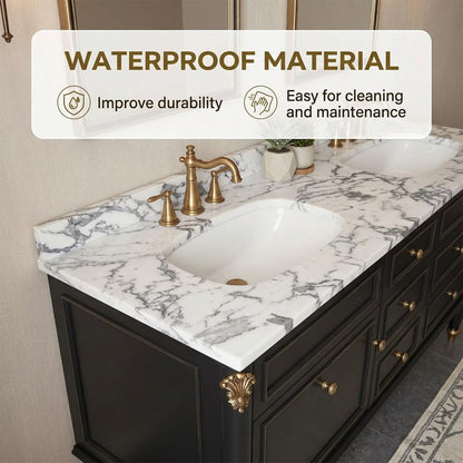60"-96"Black Double Sink Bathroom Vanity with Marble Top & Gold Accents