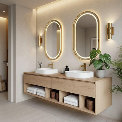 60“-96”Modern oak bathroom vanity with double vessel sinks, wall-mounted storage cabinet