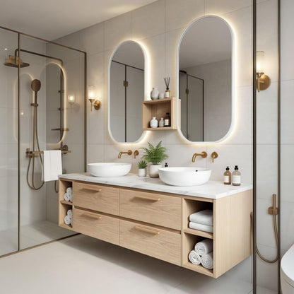 60“-96”Contemporary Oak Bathroom Vanity with Marble Countertop & LED Backlit Mirrors