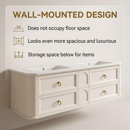 60"-96"Cream White Floating Bathroom Vanity with Double Sinks & LED Oval Mirrors