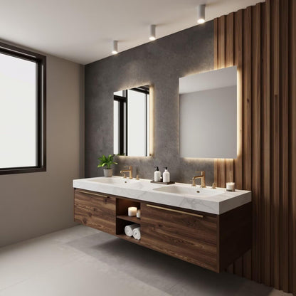 60"-96"Modern Wood Floating Bathroom Vanity with Double Sinks, Marble Countertop & LED Mirrors