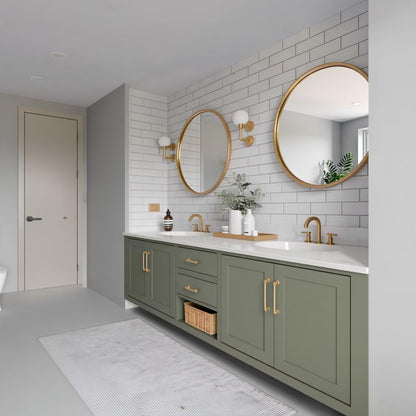 60"-96"Contemporary Sage Green Vanity with Gold Trim, Drawers & Open Shelf