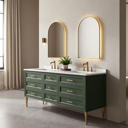 60"-96"Vintage Green Bathroom Vanity with Double Sink & Arched LED Mirrors