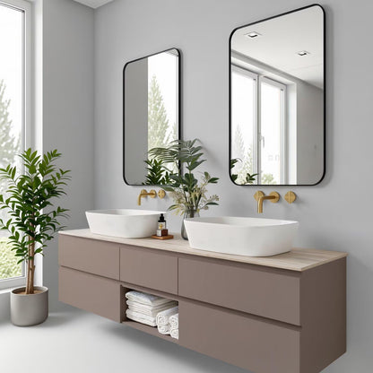 60"-96"Modern Taupe Bathroom Vanity with Open Shelf, Double Sinks & Gold Hardware