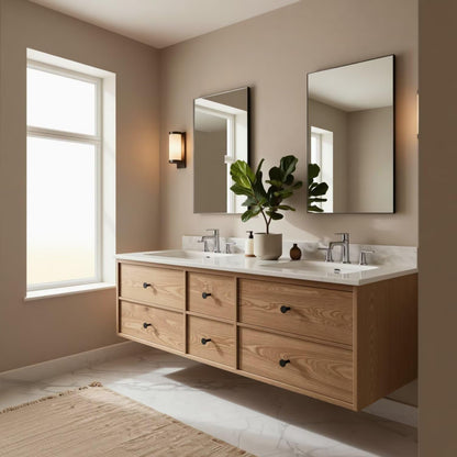 60"-96"Floating Oak Double Bathroom Vanity with Marble Countertop & 6 Drawer Storage