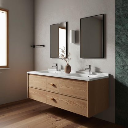60"-96"Modern Floating Bathroom Vanity, Light Oak Double Sink Cabinet with Drawers