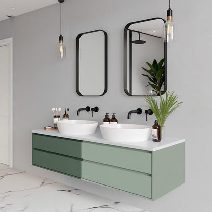 60"-96"Sage Green Floating Bathroom Vanity with Double Sinks & Black Framed Mirrors