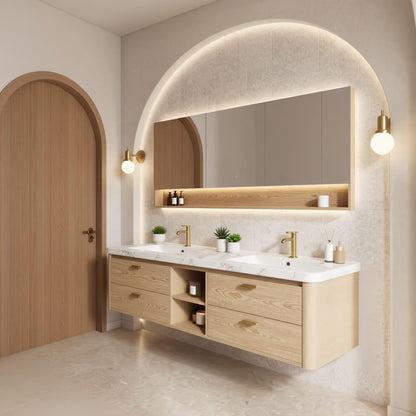 60"-96"Floating Oak Double Bathroom Vanity with Marble Countertop & LED Mirror Cabinet