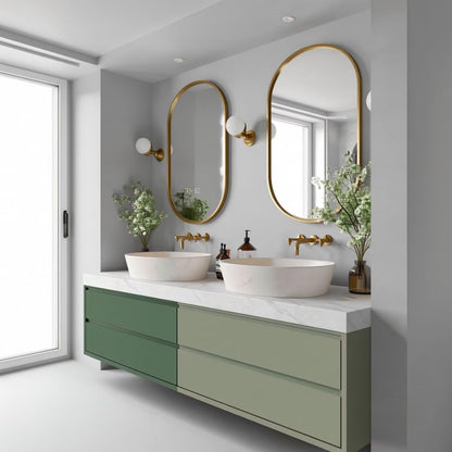 60"-96"Modern Green Bathroom Vanity with White Marble Top & Oval Gold Frame Mirrors