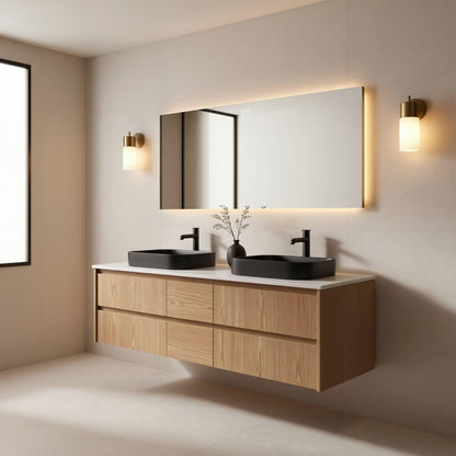 60"-96"Light Oak Bathroom Vanity with Double Sink & Wall-Mounted Drawers