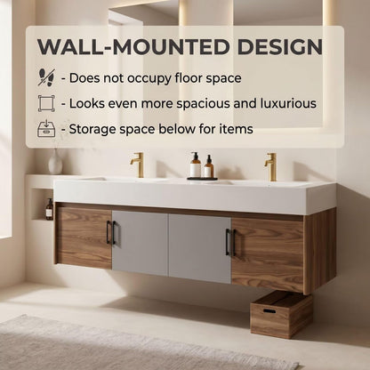 60"-96"Modern Floating Bathroom Vanity with Double Sinks, Two-Tone Cabinet & LED Backlit Mirrors