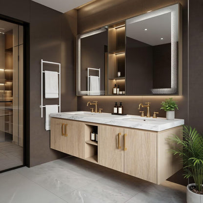 60"-96"Modern Light Wood Floating Vanity with Double Sinks & LED Lighted Mirror Cabinet