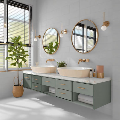 60"-96"Sage Green Floating Bathroom Vanity with Marble Top & Gold Round Mirrors