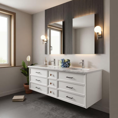 60"-96"Modern White Floating Bathroom Vanity with Double Sinks & Marble Countertop