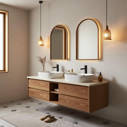 60"-96"Wall-Mounted Oak Bathroom Vanity with Double Sinks & LED Backlit Mirror