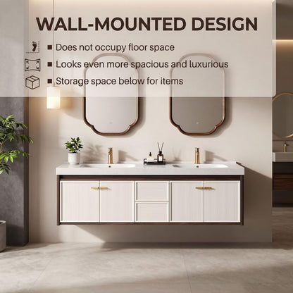 60"-96"Floating Double Bathroom Vanity with White Ribbed Doors & Arched LED Mirrors