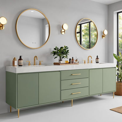 60"-96"Modern Green Bathroom Vanity with Gold Hardware & Round Gold Frame Mirrors