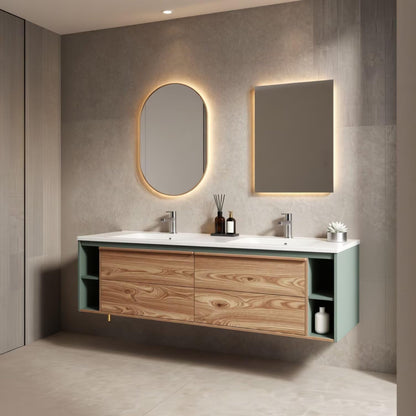 60"-96"Contemporary Floating Bathroom Vanity, Double Sink with Open Side Cabinets