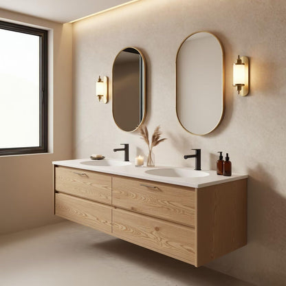 60"-96"Light Oak Bathroom Vanity with Double Sink & Wall-Mounted Storage