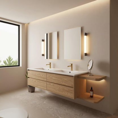 60"-96"Floating Oak Double Bathroom Vanity with White Top & Side Open Shelves