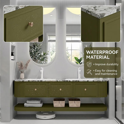60"-96"Olive Green Floating Bathroom Vanity with Marble Top & LED Half-Moon Mirrors