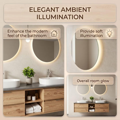 60“-96”Modern Oak Bathroom Vanity with Stone Countertop & LED Backlit Round Mirrors