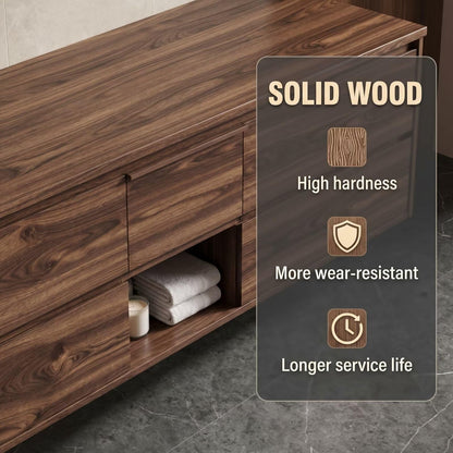 60"-96"Walnut Floating Double Bathroom Vanity with LED Medicine Cabinet & Open Shelf