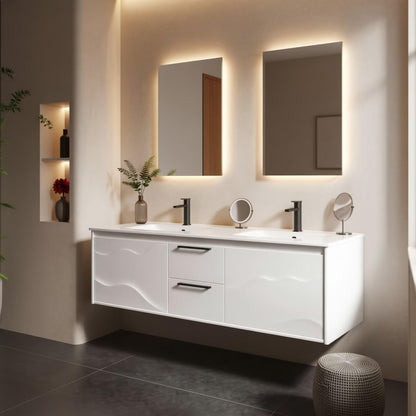 60"-96"Modern White Floating Bathroom Vanity with Double Sinks & LED Lighted Mirrors