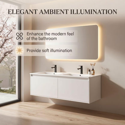 60"-96"White Floating Double Bathroom Vanity with Integrated Sinks & LED Backlit Mirror