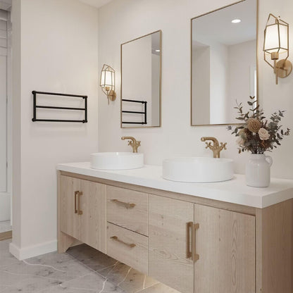 60"-96"Light Oak Bathroom Vanity with Double Vessel Sinks & Gold Hardware