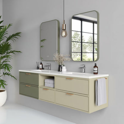 60"-96"Modern Green Bathroom Vanity with White Top & Soft-Close Drawers