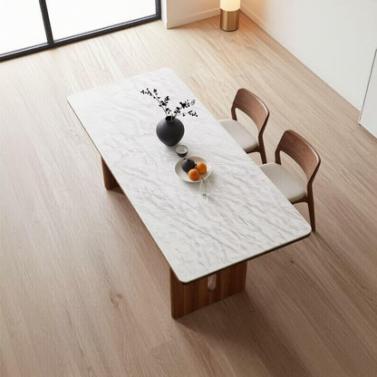 60"-80"White Marble & Walnut Wood Dining Table, Modern Rectangular Kitchen Table for Home