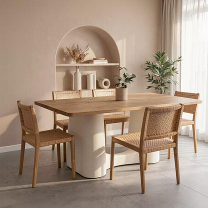 60"-80"Natural Wood Dining Table, Modern Rectangular Kitchen Table with Cream White Base