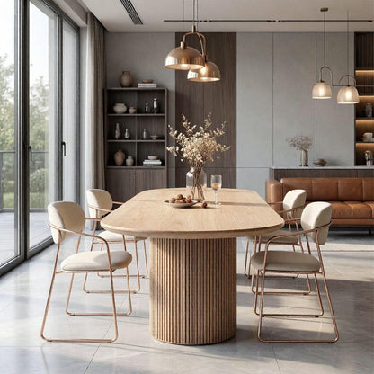 60"-80"Light Wood Oval Dining Table, Modern Kitchen Table with Fluted Column Base
