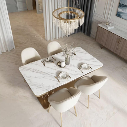 60"-80"Luxury Marble Dining Table, White Top with Rose Gold Geometric Base for Dining Room