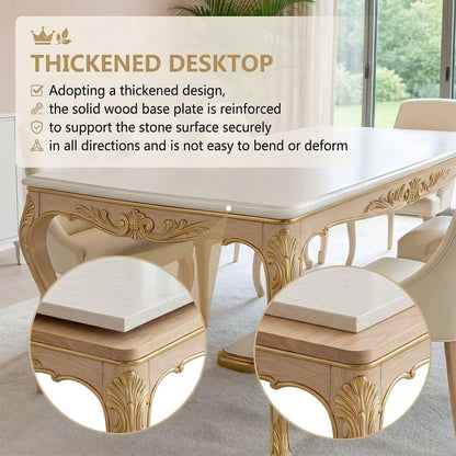 60"-80"French Style Dining Table, Elegant White Top with Gold Carved Legs for 6 People