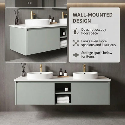 60”-84”Double Sink Floating Bathroom Vanity with LED Mirrors, Light Gray Cabinet & White Stone Top