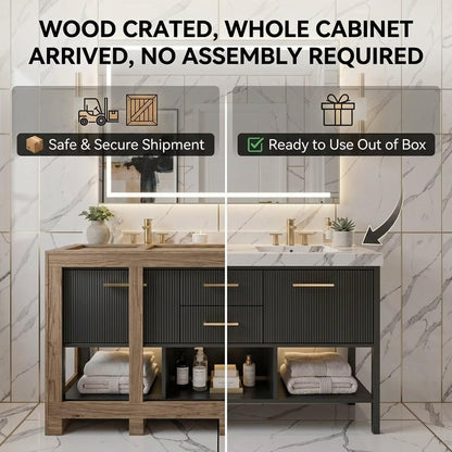 60"-96"Modern Bathroom Vanity with Gold Hardware, Open Shelves & LED Light