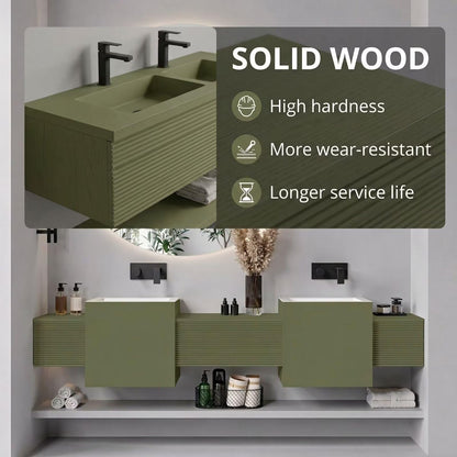 60"-96"Sage Green Floating Bathroom Vanity with Double Vessel Sinks & LED Round Mirror