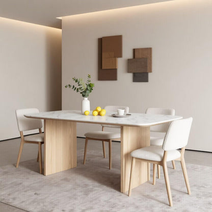 60"-80"White Marble Dining Table with Light Wood Base, Minimalist Rectangular Kitchen Table