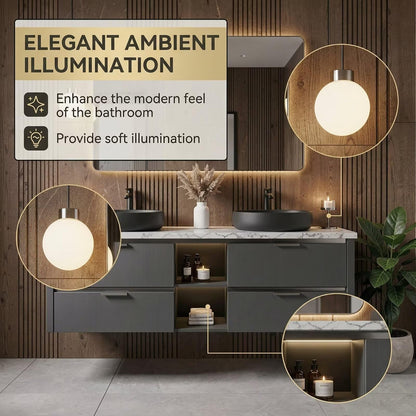 60”-84”Double Sink Floating Bathroom Vanity with LED Mirror, Dark Gray Cabinet & Black Vessel Sinks